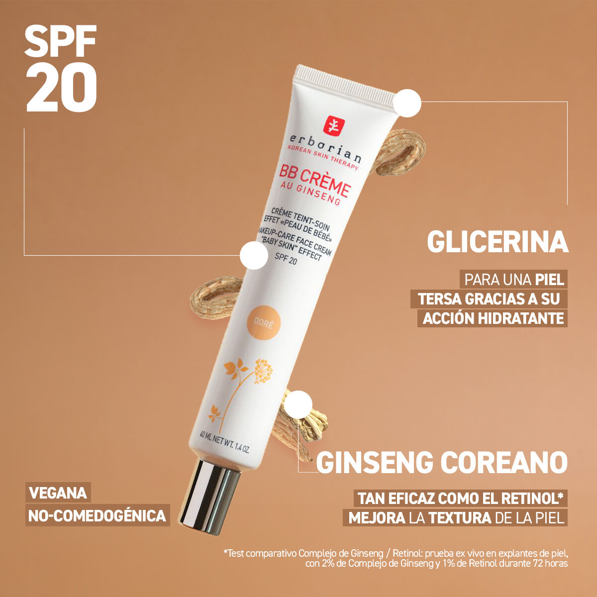 ERBORIAN BB CREME BB CON GINSENG DORE TARTAMIENTO CON COLOR 5 EN 1 PARA UN EFECTO PIEL DE BEBE  SPF 20  15ML